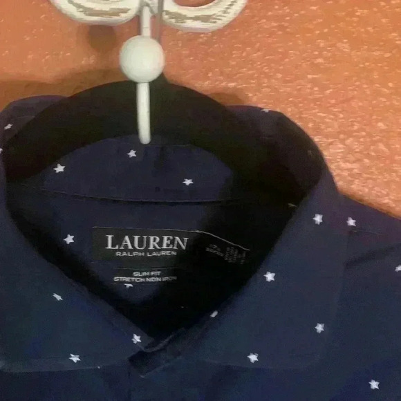 Lauren Ralph Lauren Slim Fit Stretch Non Iron Men's 17 34/35 Navy w/ Stars Shirt - Picture 2 of 8